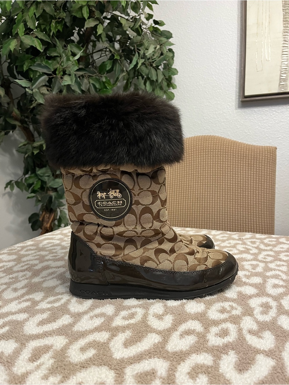 Coach Brown Signature Jacquard Fur-Trim Winter Boots - Picture 6 of 8